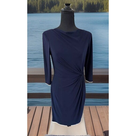 EUC VTG Rare Ralph Lauren navy blue 3/4 sleeves cowl neck front knot dress 4 - Picture 1 of 4